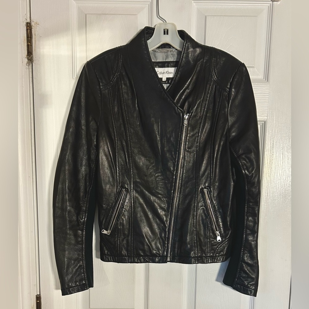 Calvin Klein Women's Black Leather Moto Jacket Size Large Genuin Leather